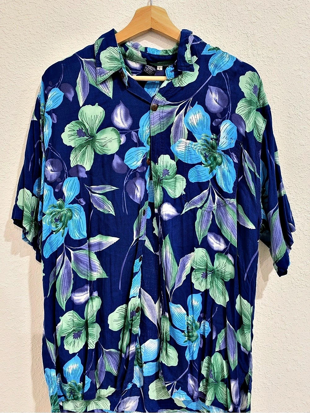 Hibiscus Collection Hawaii Floral Button Down Shirt Blue & Green Large